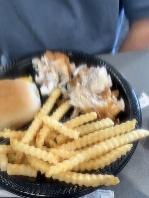 This is my husbands plate. He was trying find an edible bite. I got to go box for scraps for outside cats. The cats wouldn't eat the fish.