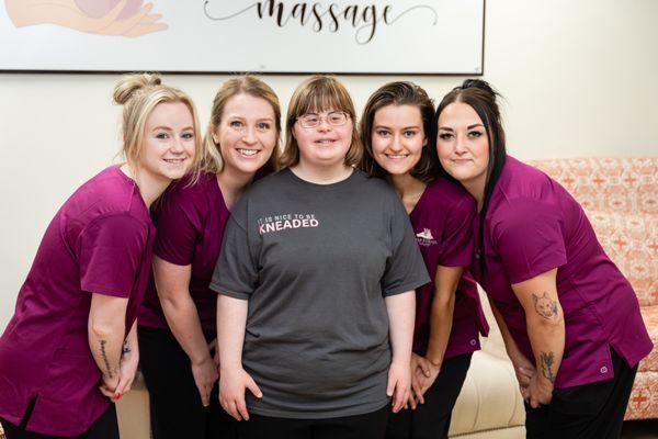 Meet your team! Massage therapists for relief and office staff who help us keep the office clean and tidy.