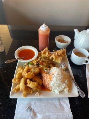 Cashew chicken, mar far chicken , crab puffs, steamed rice