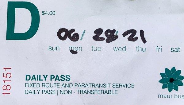 6/28/2021: Maui Bus #28 Bus Route Day Pass costs $4.00 riding ALL DAY!