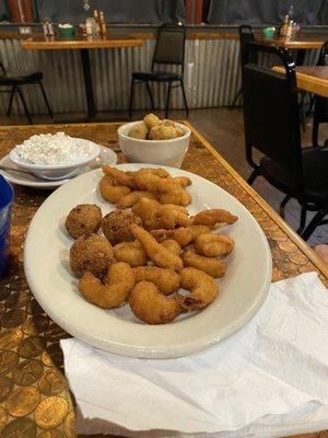Popcorn shrimp, fried okra and cottage cheese