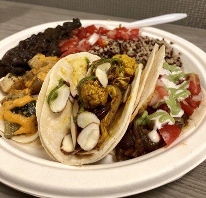 From left to right: sweet potato, curried cauliflower, and jackfruit & black bean tacos.