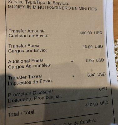 Gave him $420 to pay $410 to wire money. He claimed I only gave him $400! What a scammer!