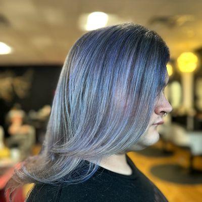 Dusty Blue: Services used include partial foil highlight, hair color, haircut and style