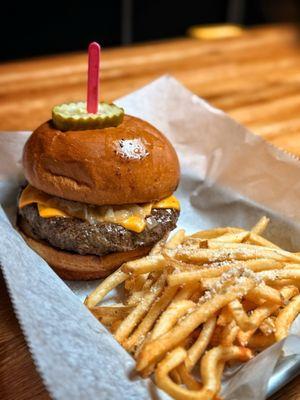 $5 cheeseburger Monday special, with a side of fries.