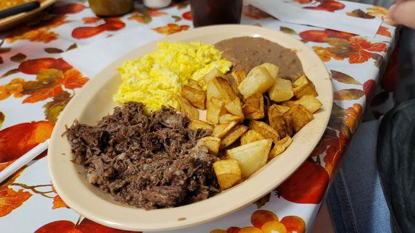 Barbacoa, Eggs, Potatoes, Refried Beans
