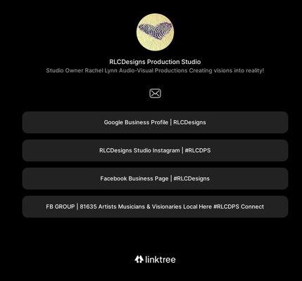 RLCDesigns Production Studio
Studio Owner Rachel Lynn Audio-Visual Productions Creating visions into reality!
linktr.ee/rlcdesigns