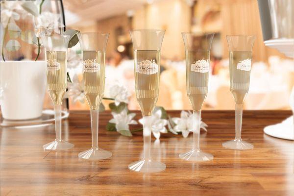 Custom Plastic Champagne Flutes Printed for a Wedding