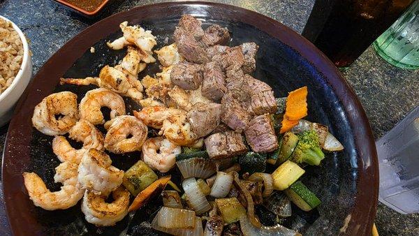 Filet mignon, lobster, and shrimp