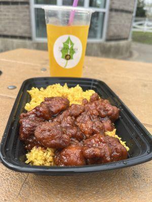 Orange Chicken, rice, and fruit tea