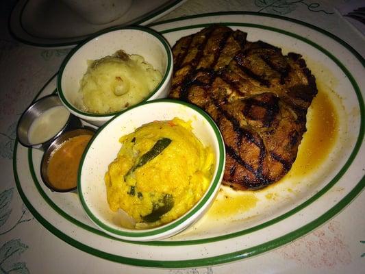 "The Most Excellent" Pork Chops with mashed potatoes & squash casserole