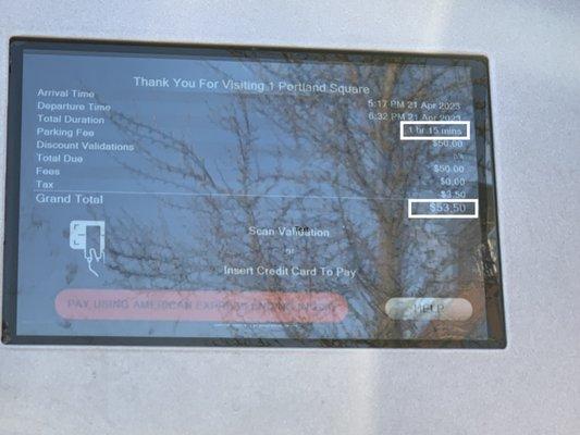 I was charged $50 for 1 hour and 15 minutes of parking