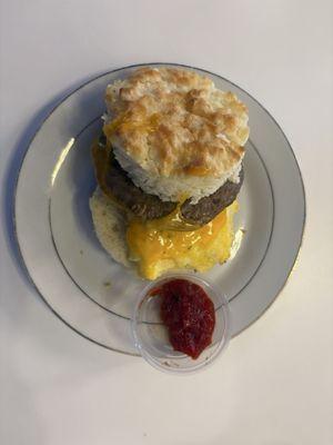 Sausage, Egg, and Cheese Biscuit Breakfast with hot pepper jelly