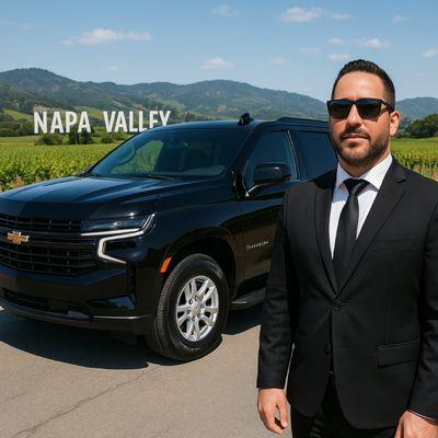 Arrive in style: A private black car limousine offers the ultimate Napa Valley experience. Glide through vineyards and enjoy the finest wine
