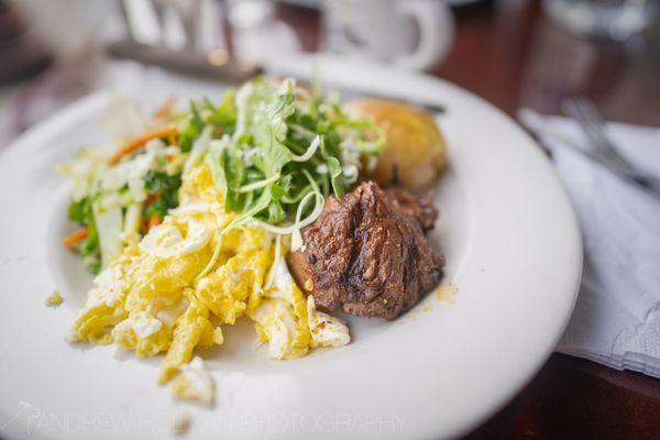 Steak and eggs, portions are much smaller now, but still amazing!