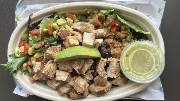 The Grilled Salad hits with real freshness, 3oz grilled chicken, crisp greens, and compostable packaging that keeps it clean and guilt-free.