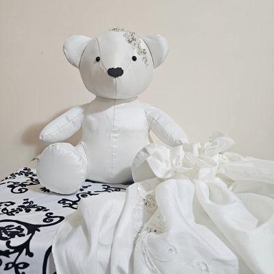15 inch Melody memory bear made from a wedding dress $60 Donate the leftover fabric from your dress for a good cause