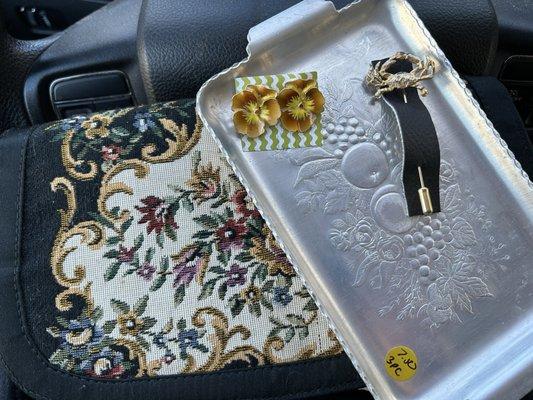 My treasures from today's trip - clutch, 3 metal trays, earrings and a pin