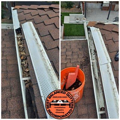 Gutter/downspout cleaning with vinyl dabris (before & after)