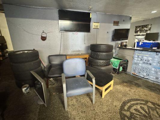 Trash everywhere. Broken tv on ground. All the lights were out.