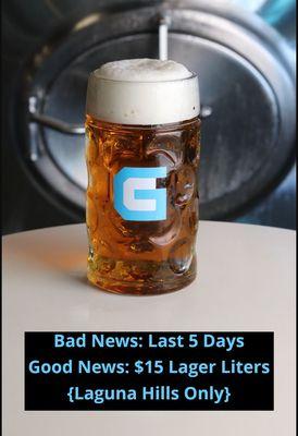 Lager Liters with special countdown pricing starting at $15 and dropping $1 per day