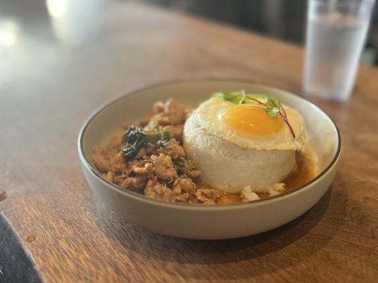 Spicy Thai Basil Chicken - with egg (on the breakfast menu)