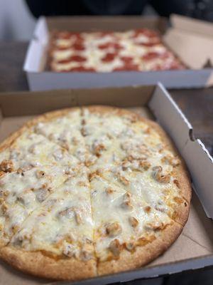 Buffalo Chicken Pizza, Pepperoni Pizza with melted Cheese