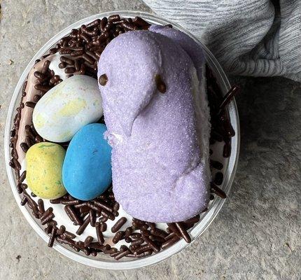 Cute spring sundae with a marshmallow peep,robins eggs and sprinkles.
