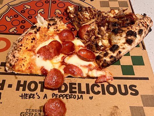 TG's pepperoni & Jorkin Joel's pulled pork; close up of individual pizza slices