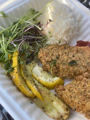 Lemon Pepper Chix n Fried Seitan with roasted squash and Jasmine Rice