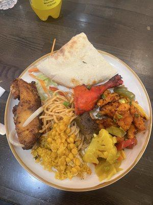 Food from buffet; tandoori, chicken, Chinese, vegetables with curry, naan bread, sweet chili chicken