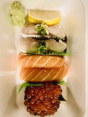 Mackerel, salmon and salmon roe nigiri