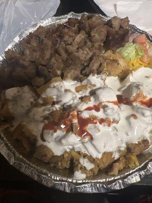 Chicken and beef over rice