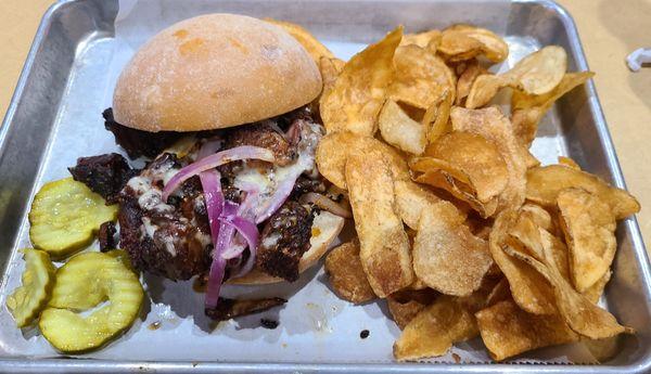 BBQ Brisket Burnt Ends Sandwich w/ Saratoga chips.