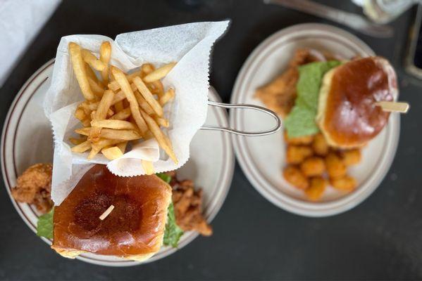 Fried chicken sandwiches with Fries and tots!