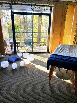 The main massage room during a massage and sound bath combo