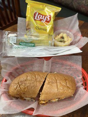 Baja Chicken Sandwich. All sandwiches served on a brioche sub roll with chips, pickle spear, & pasta salad. 5/5