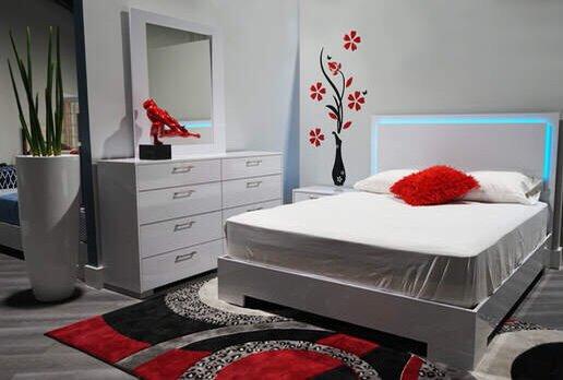 Queen LED Platform bed with Nightstand, 8-drawer Dresser and Mirror, LOW COST!
(Available in GlossyWhite & GlossyBlack)