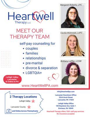 Mental Health Therapy offered online across PA and in person in Lancaster and Lehigh Valley. More locations to come as HWT expands.