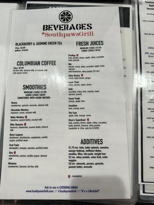 Beverages menu