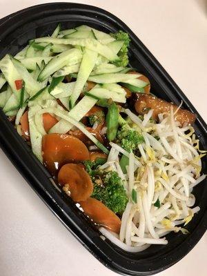 Dan Dan noodles with veggies. Not impressed. There's too much sauce. Carrots should be julienned not round stir fry slices.