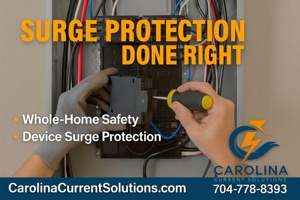 Whole-home surge protection installed for coastal storms and power spikes. Protect your TVs, appliances, and electronics.