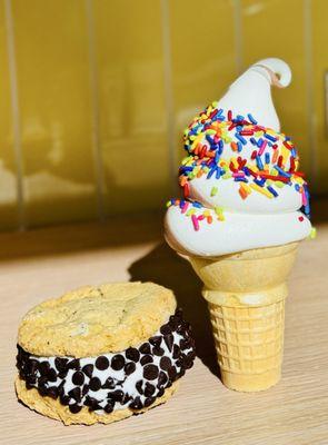 Fresh baked chocolate chip cookie sandwich & a sweet cream/chocolate soft serve w/ sprinkles of course!!!