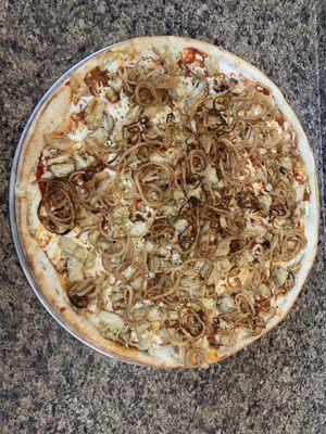 Fry artichoke hearts and onions strows