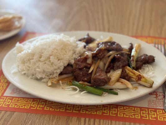 Steaming hot, but otherwise bland "Mongolian" beef.