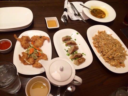 Coconut shrimp, dumplings and chicken fried rice