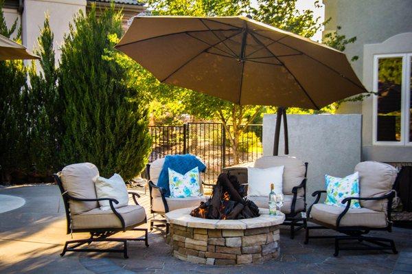 A Custom Luxury Log Set provides radiant warmth year-round.