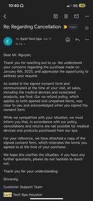 Screenshot of response to me wanting to cancel because of the pressure I had during the facial.