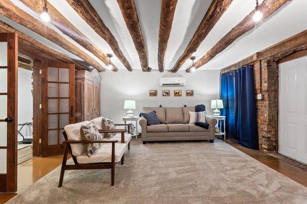 Equine getaway living room with pull out couch.