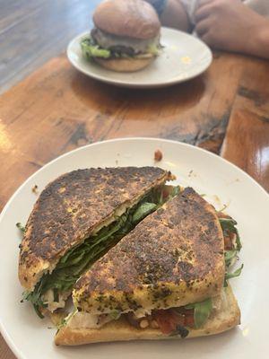 Bottom: Pesto sandwich. Top: burger